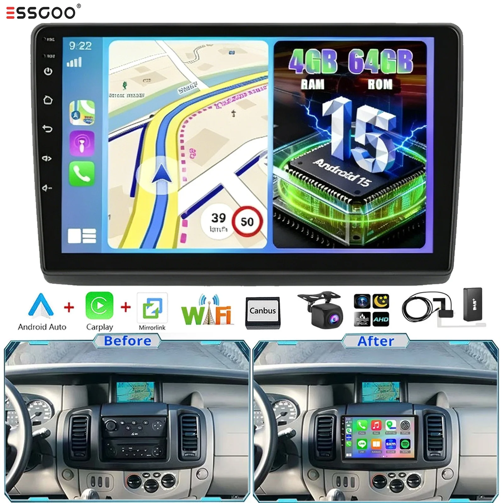 ESSGOO 10,1" DAB+ 4+64G Android 15 CarPlay Autoradio mit WLAN, Kamera und Stereoanlage für Renault Trafic 2, Opel Vivaro A und Nissan Primastar (2001–2010).
