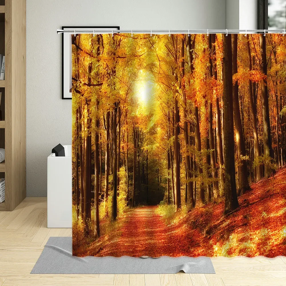 Fall Plant Dense Forest Natural Scenery Shower Curtain Path Sunlight Inject Trees view Bathroom Home Decoration Polyester Fabric