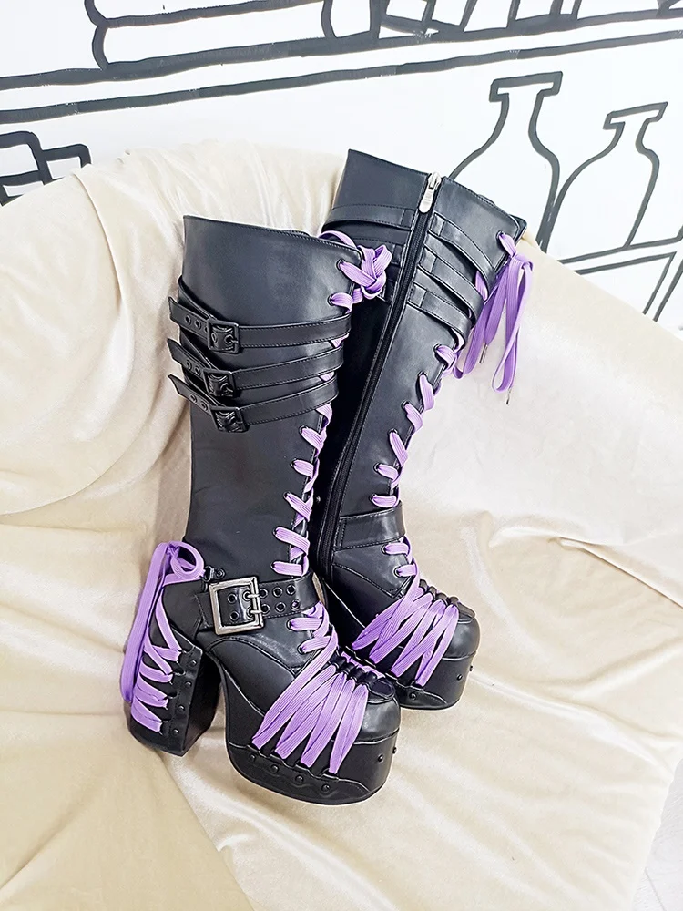 

Platform Belt Buckle Strap Motorcycle Boots 2024 New Fashion Women's Round Street Rock Punk Thick Heel Knight Boots Party Boots