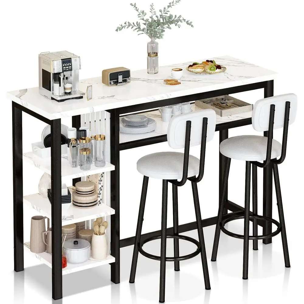 Stylish Kitchen Bar Height Table with Chairs or 5-Tier Dining Table in White with Marble Top and Black Leather Seats