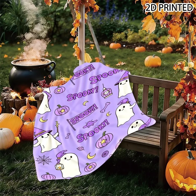 Pastel Purple Halloween Themed Spooky Print Throw Blanket, Whimsical Design with Ghosts, Pumpkins & Bats, Multiple Specification