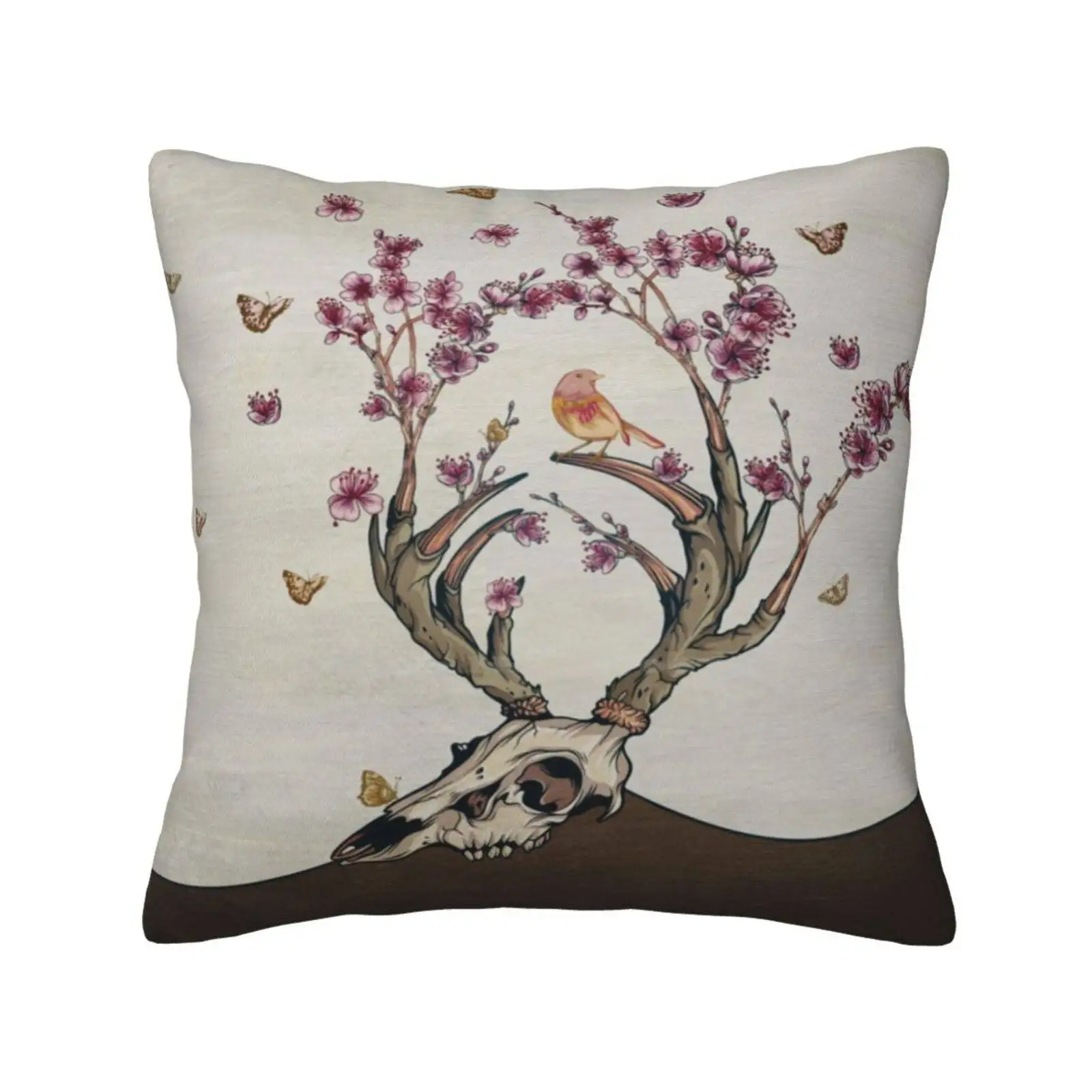 Life Throw Cushion Pillow Cover Skull Bird Butterfly Horn Sakura Flower Earth Cherry Blossoms Tree Texture Life Death