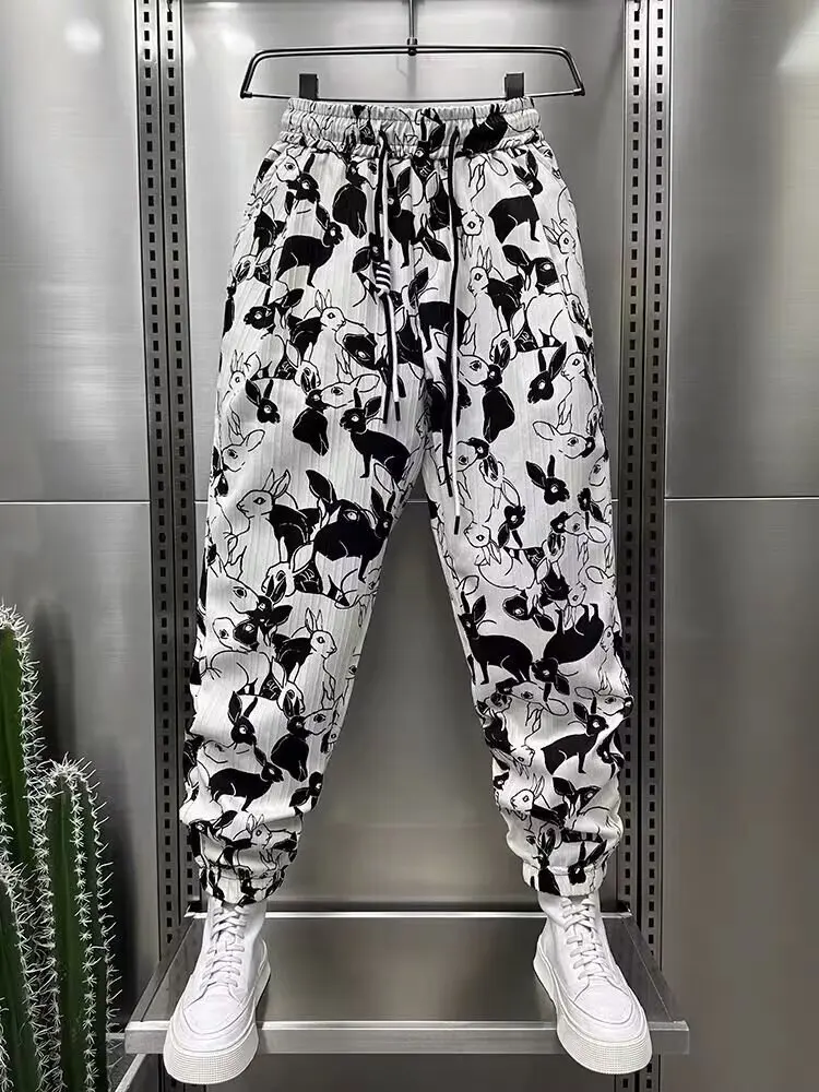 Summer Loose Bunny Print Harem Pants Men's Casual Ankle-tied Personali Trend Ice Silk Cotton Linen Ankle-Length Pants