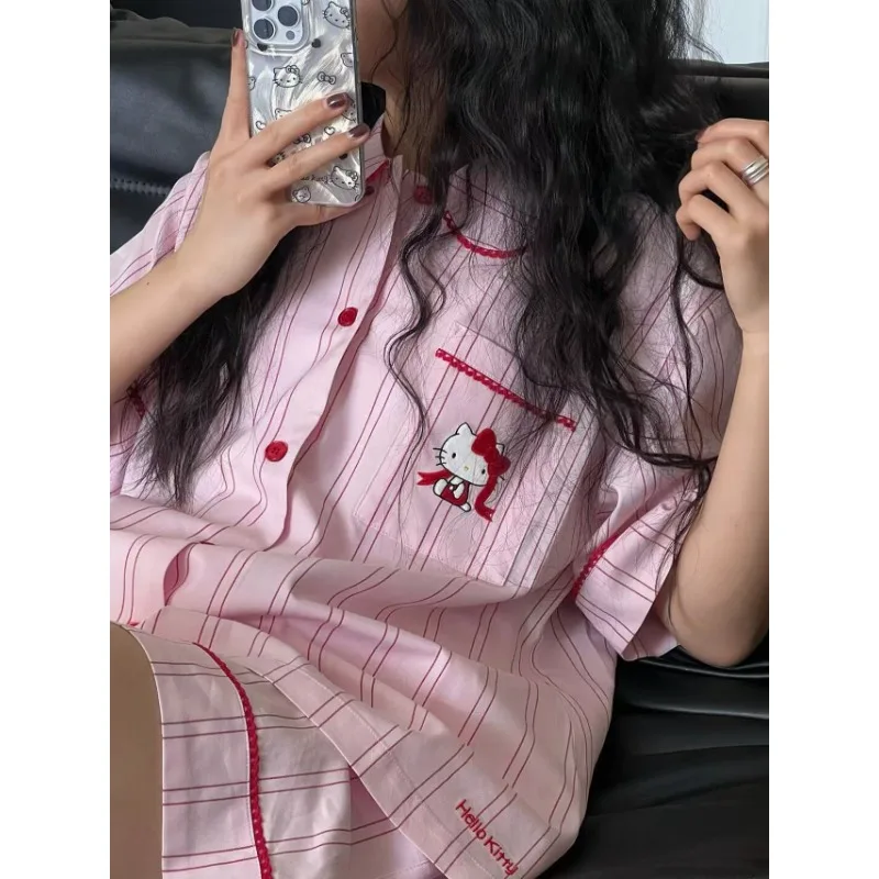 

Cartoon cute Hello Kitty pajamas ins wind sweet loungewear set, pure cotton cartoon pajamas two-piece set, Sanrio loungewear