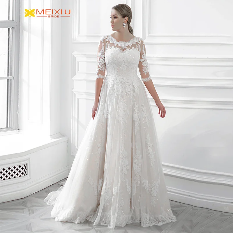 Nuovo Applique abito da sposa girocollo a mezza manica personalizzato pizzo scintillante Design floreale treno a-line bellissimi abiti da sposa