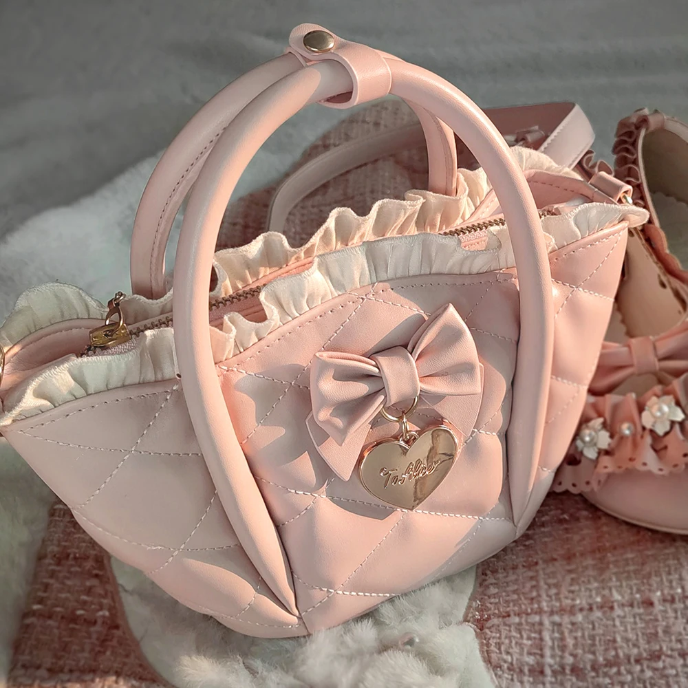 Japanese Original Harajuku Lolita Handbag Sweet Elegant Bow Rhombus Lotus Leaf Petal Bag Cute Daily Versatile Messenger Bag