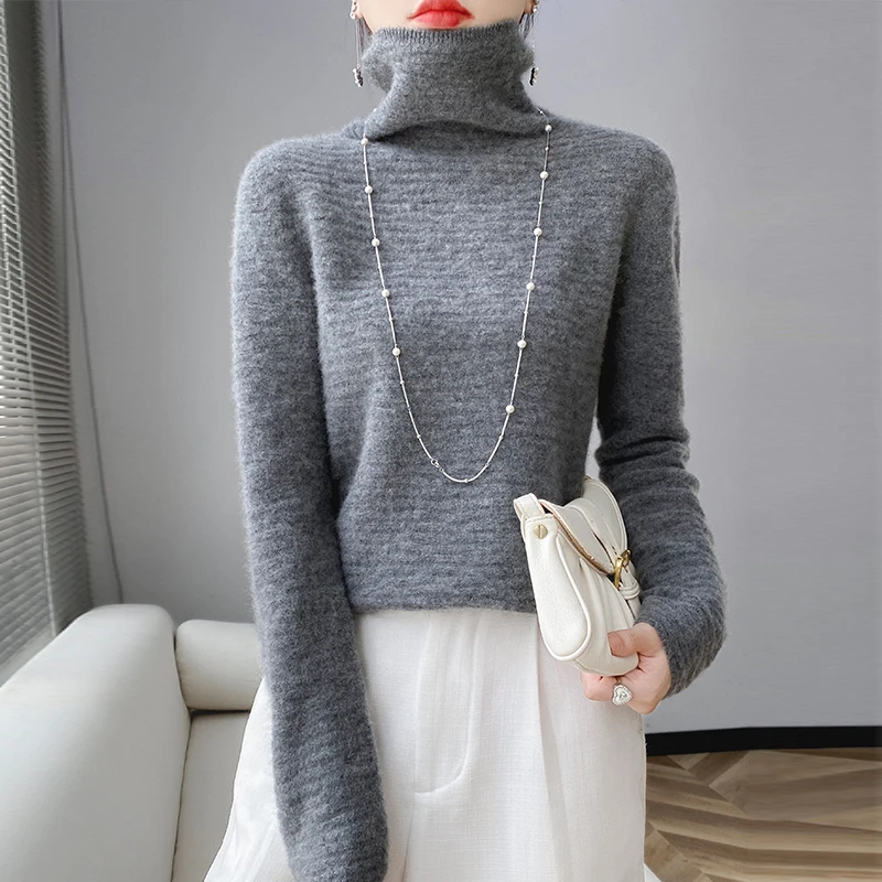 100% wool knitted women\'s sweater pullover solid color long sleeve turtle neck women\'s pullover knitted warm top.