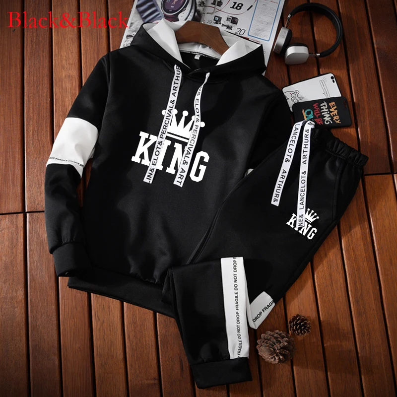 New Fashion King Print Men Hoodies Pants 2Pcs/Sets Sweatshirt Sweatpants Male Gyms Fitness Tops Trousers Joggers Sportswear