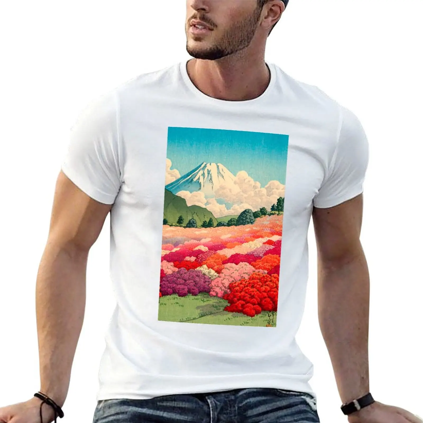 View of an Azalea Garden and Mt Fuji, by Kawase Hasui T-Shirt Casual Fashion Print Tee Top