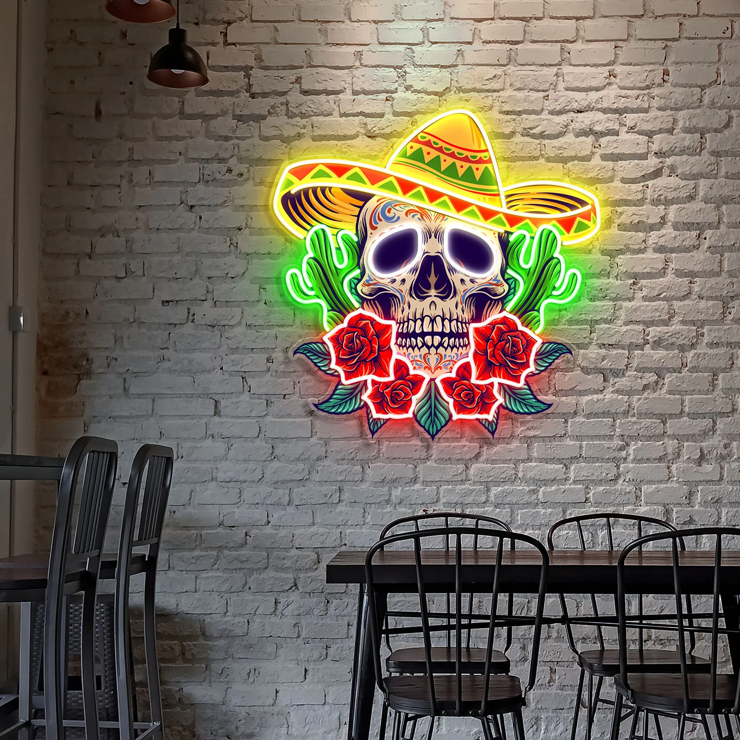 Skull Mexican Hat Cactus Neon Sign ,UV Printed Neon Sign ,Acrylic Neon Sign ,Mexican Skull Wall Decor, Gift for Her