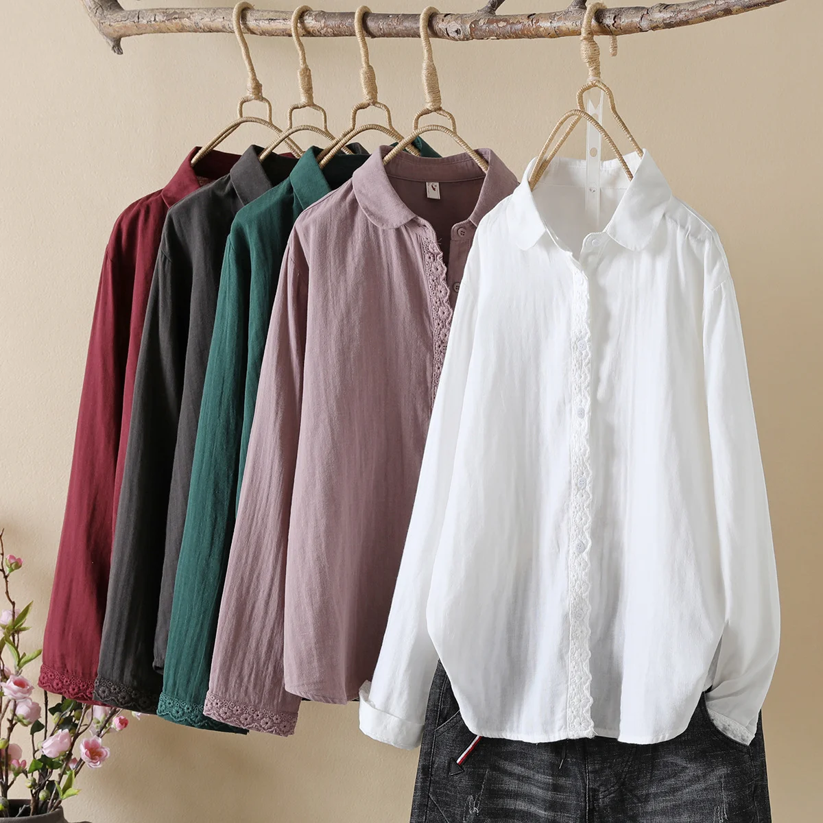 100% Baumwolle Garn Langarm feste Hemden Frauen Frühling Japan Stil Spitze Patchwork Blusen große Tops Herbst Frauen Kleidung