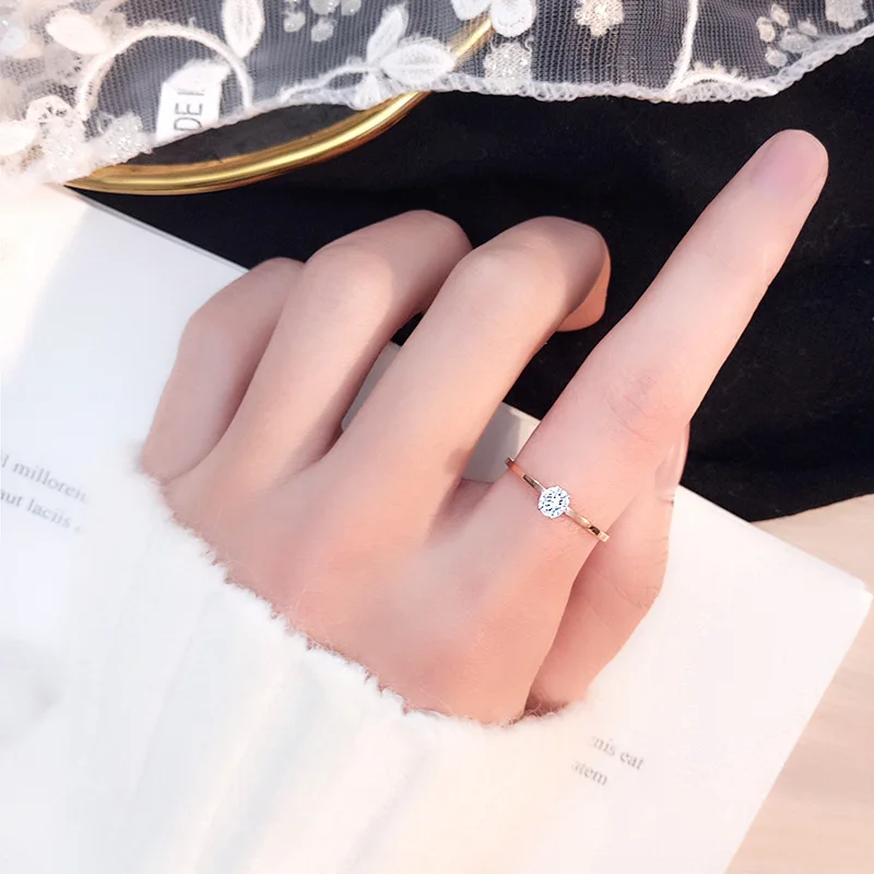 Solitaire Ring Stainless Steel Korean Fashion Thin Pinky Rings with AAA+ Cubic Zirconia Gold Color Jewelry for Women KBR111