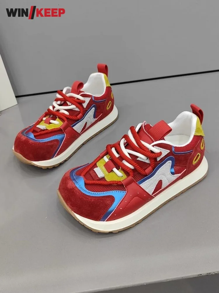 

New Ladies Fashion Color Block Mesh Breathable Increasing Sports Shoes Lace Up Low Cut Running Sneakers Trainers Jogging Shoes