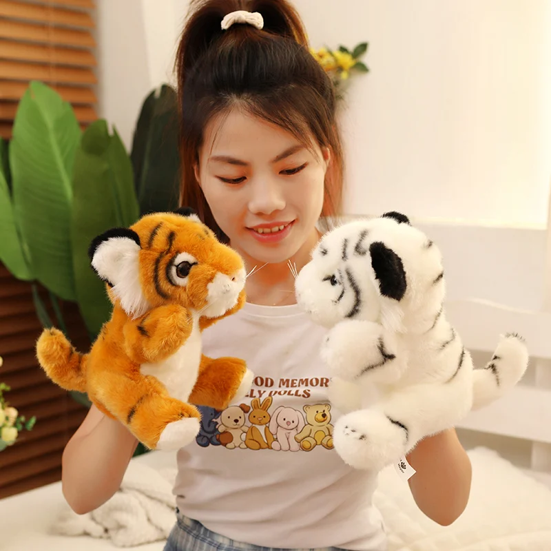 22cm Cute Tiger Plush Toys Hand Puppet Cotton Stuffed White Yellow Tiger Dolls Hand Puppets Educational Fairy Tale Theater Props