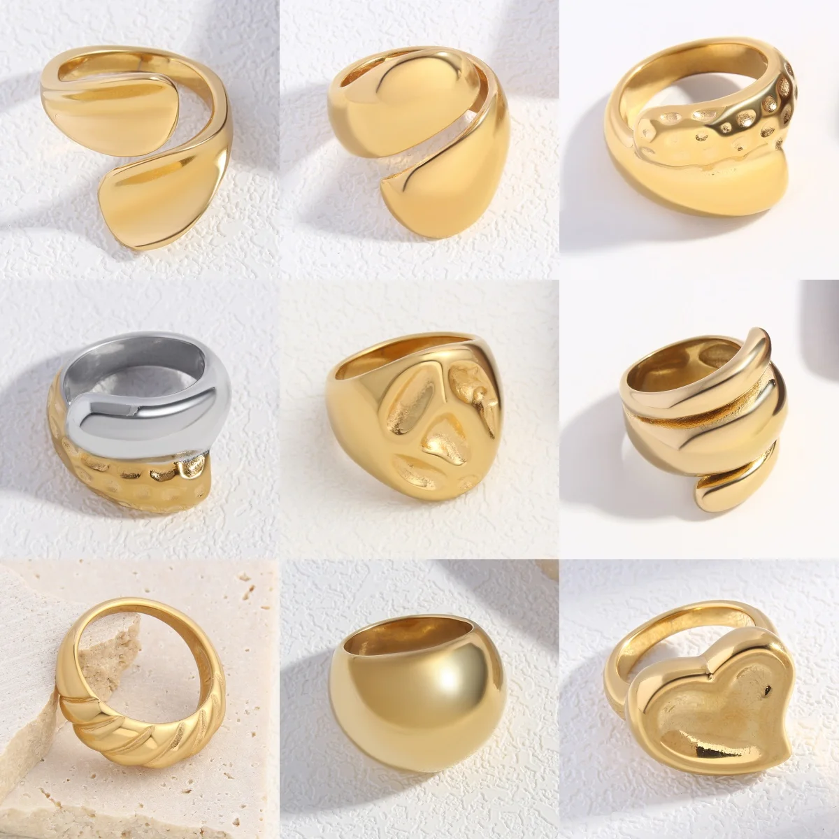 Fashion Stainless Steel 18K Gold Plated Waterproof Anti fade Chunky Dome Ring Geometric Index Finger Ring Unisex Jewelry