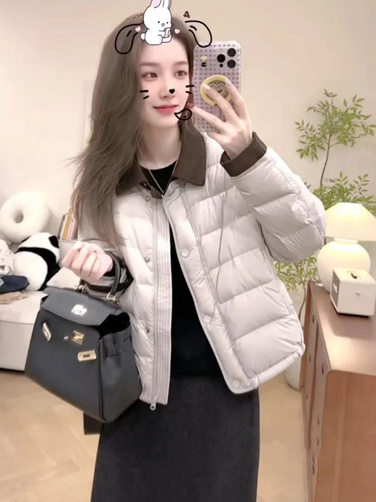 

Color Block White Duck down Short Jacket Loose Fit Turn Collar Winter Coat for Women Commute Style Korean Version Warm Outerwear