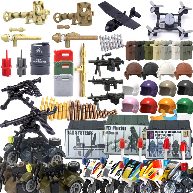 Military Scene Soldier Figure Waffen Building Blocks Motorcycle Helmet Drones Heavy Machine Guns RPG Bullet Backpack Brick Toy