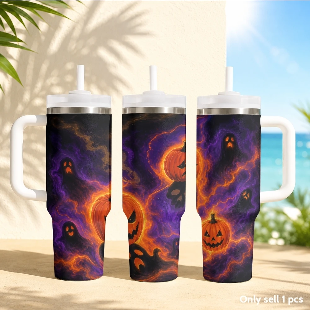 Halloween pumpkin ghosts Vacuum Flasks 40oz Stainless Steel Insulated Tumbler with Handle & Straw Leakproof Travel Mug