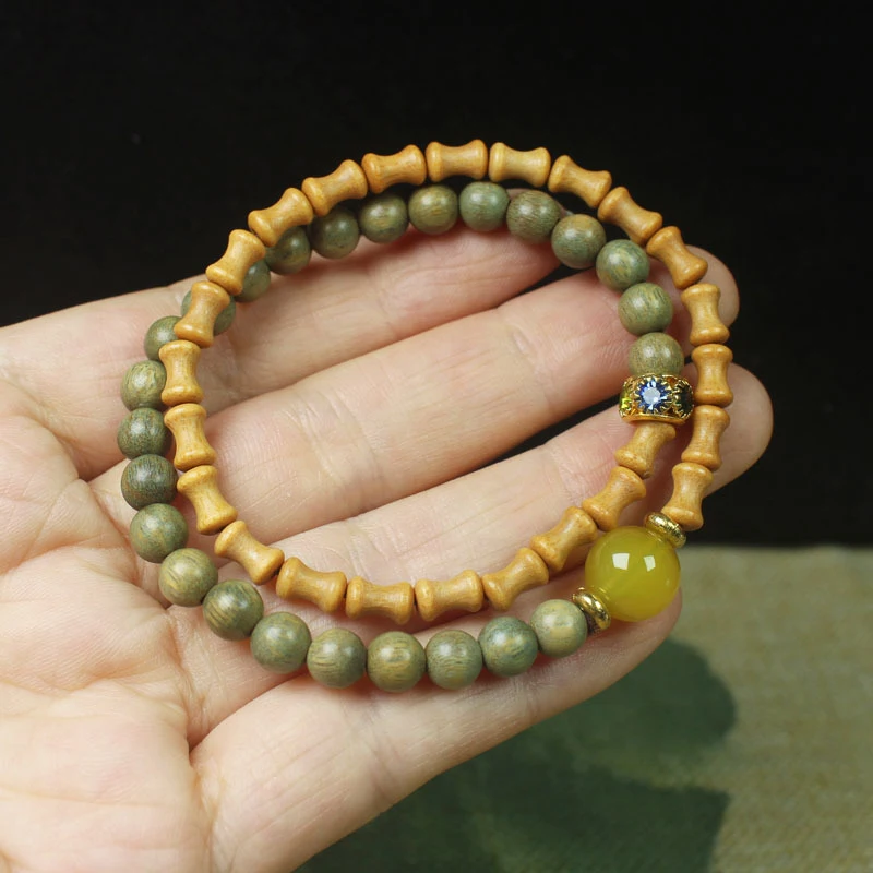 6mm Green Sandalwood Bamboo Joint Double Circle Bracelet, Ethnic Style Buddhist Bead Jewelry for Men and Women