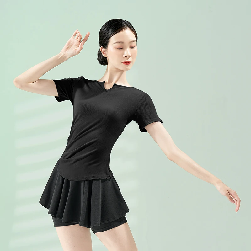 Women Dance Tops Short Sleeves V-neck Yoga Dance Shirts Girls Ballet Tops  Strong Stretch Gymnastics Top Costume Lady Blouse