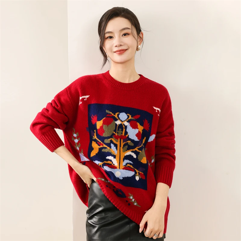 

Новогодняя одежда, осенне-зимний свитер, женский свитер из 100% мериносовой шерсти, пуловер, рождественский фестиваль, повседневный тотемный теплый вязаный топ