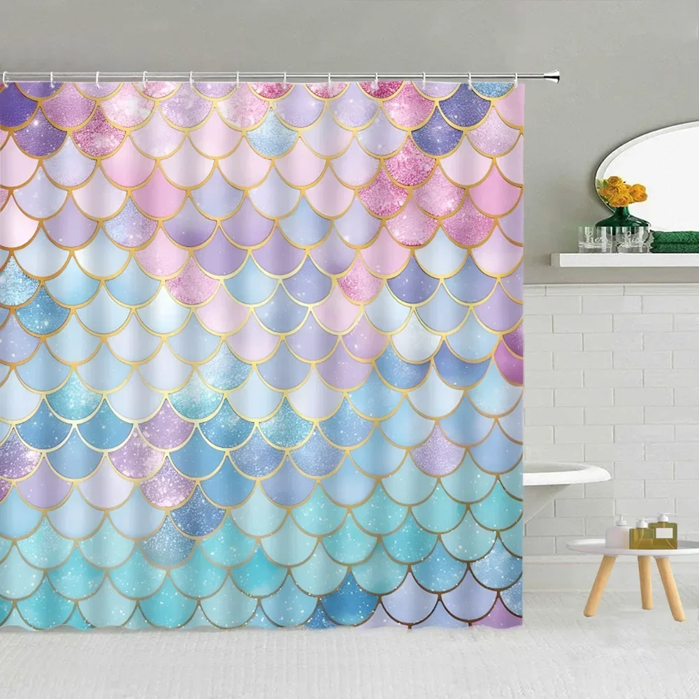 Colourful Fish Scale Shower Curtain with Mermaid Tail Textured Geometric Pattern Modern Ocean Kids Girls Bathroom Decoration