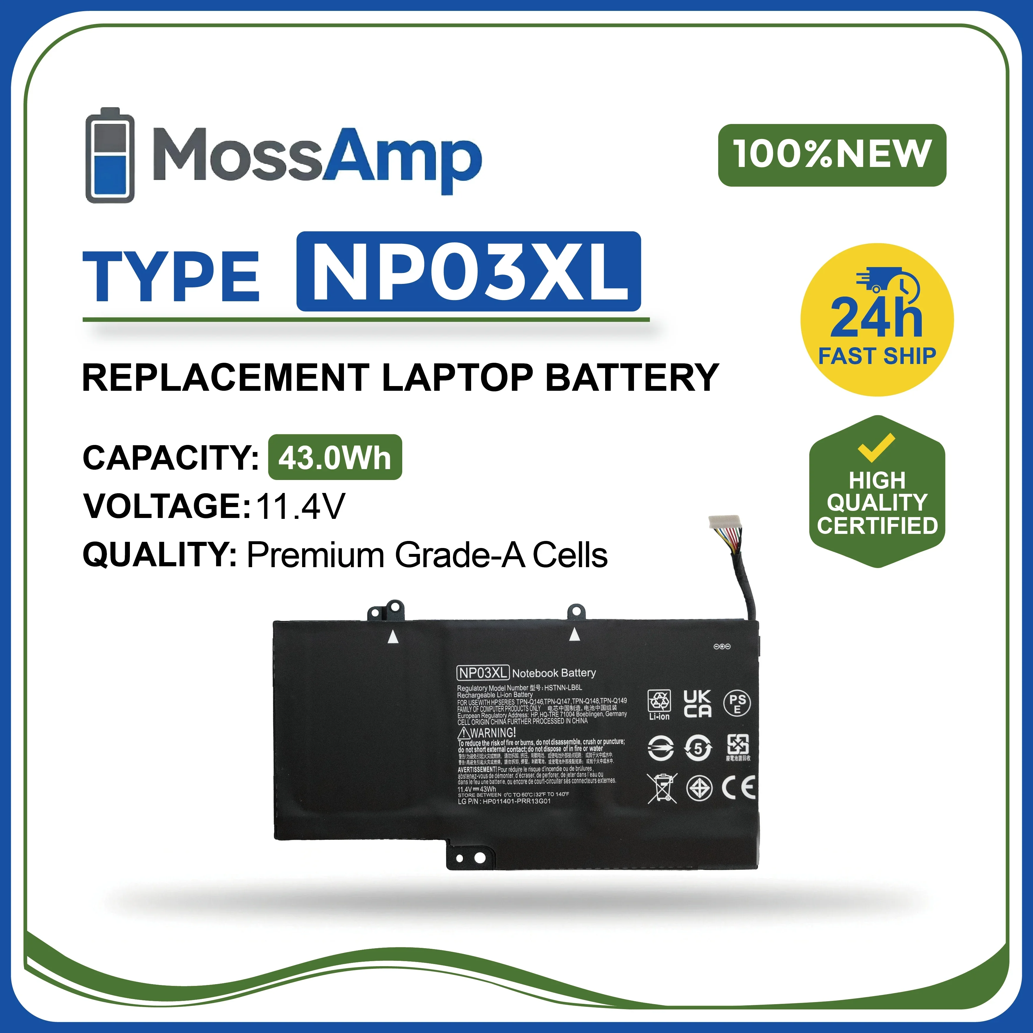 MossAmp 11.4V 43WH NP03XL Laptop Battery for Envy Pavilion 15 15T 13 760944-421 761230-005 HSTNN-LB6L NP03043XL