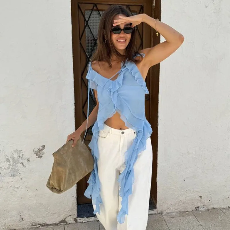 

Tsiisd Summer Scalloped Lace-Up Tank Top Female Fashion Casual V-Neck Slim Streetwear Sexy 2026 New Cropped Y2k Top Women's Vest
