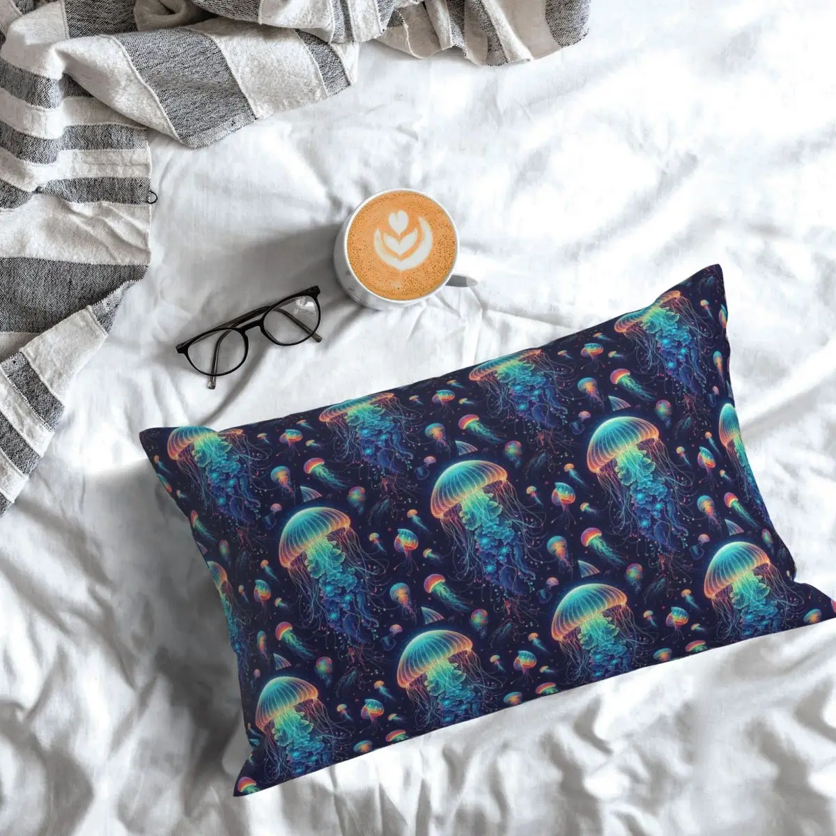

Люминесцентная Радужная Медуза на темно-синем прямоугольной наволочке, чехол для подушки, декор для спальни, кровати, домашняя комфортная декоративная подушка