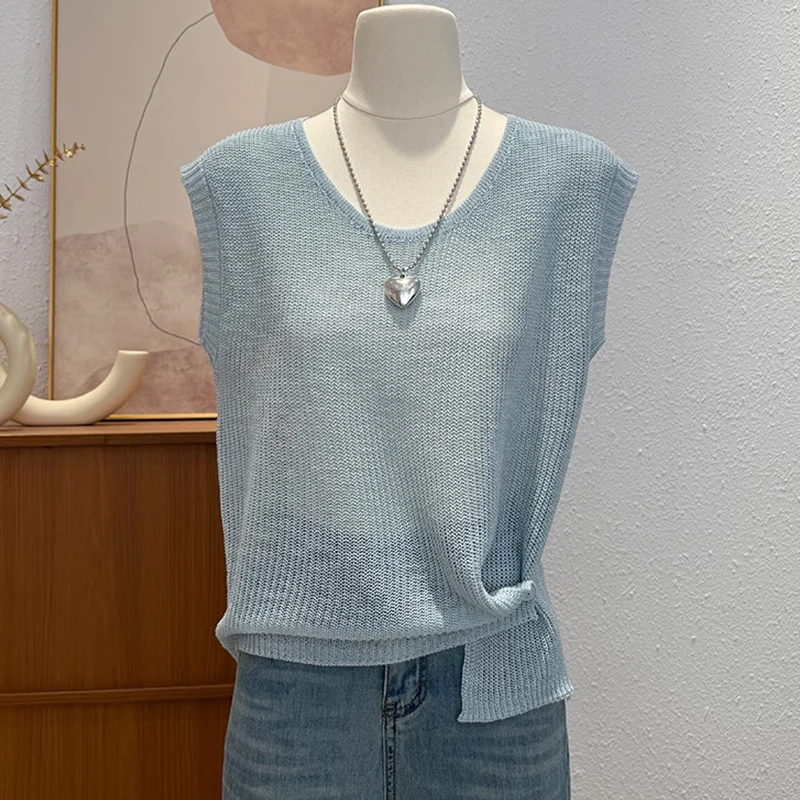 Modna damska kamizelka z dzianiny lodowej w koreańskim stylu, z okrągłym dekoltem i luźnym krojem, w kolorze niebieskim.