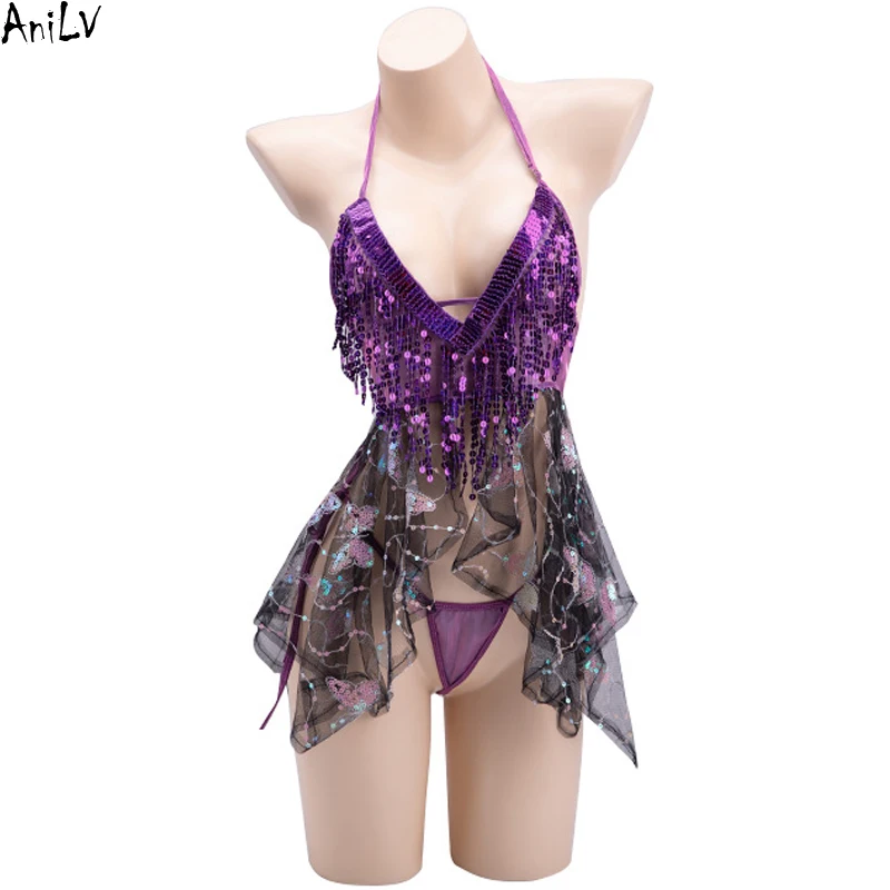 

AniLV Dance Girl Shiny Tassel Latin Sequin Dress Uniform Anime Goddess Butterfly Fairy Top Outfits Cosplay Costumes