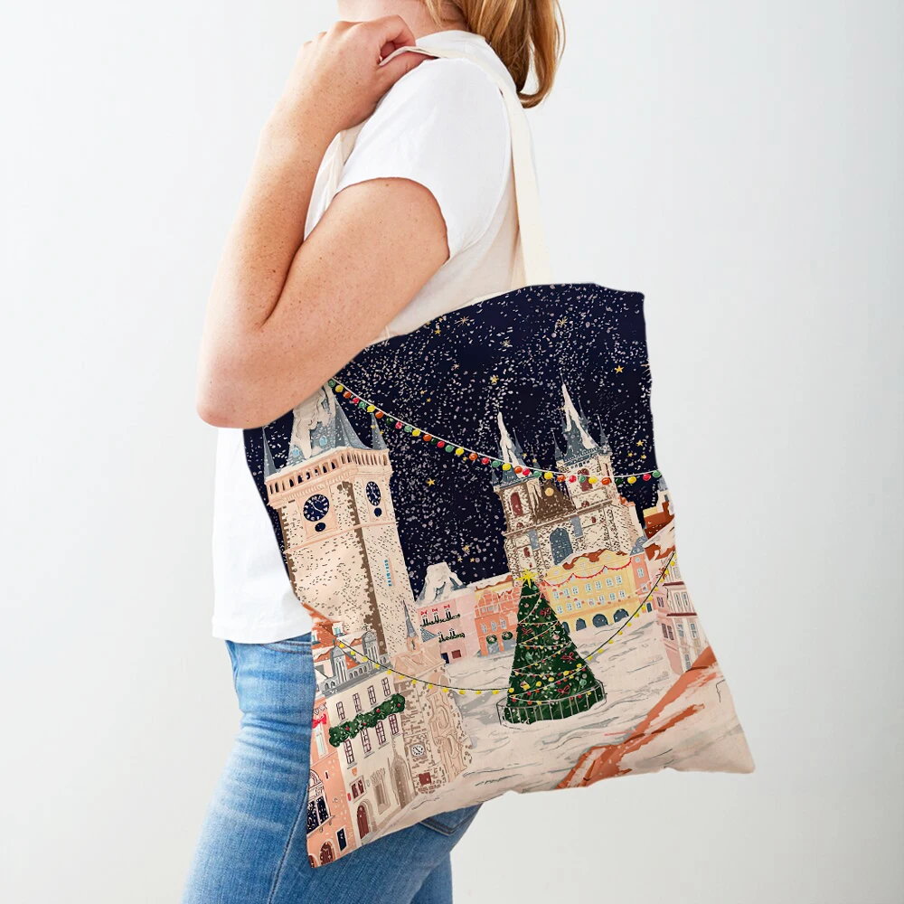 Barcelona Paris Morocco Berlin New York Women Shopping Bags Casual Canvas Double Print Art Girl Shopper Bag Lady Tote Handbags