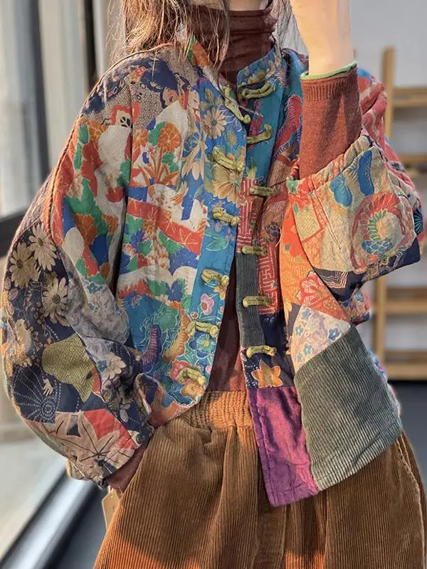 Retro Cotton Padded Jacket Women's Winter Design Sensation Small Audience Color Collision Print Buttoned Corduroy Cotton Coat