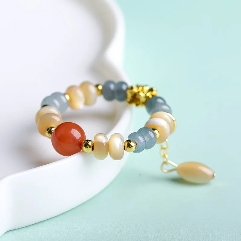 Natural South Red Agate Blue Water Jade Fishbone Ring Macaron-Colored Beaded Jewelry Lightweight and Fashionable Versatil