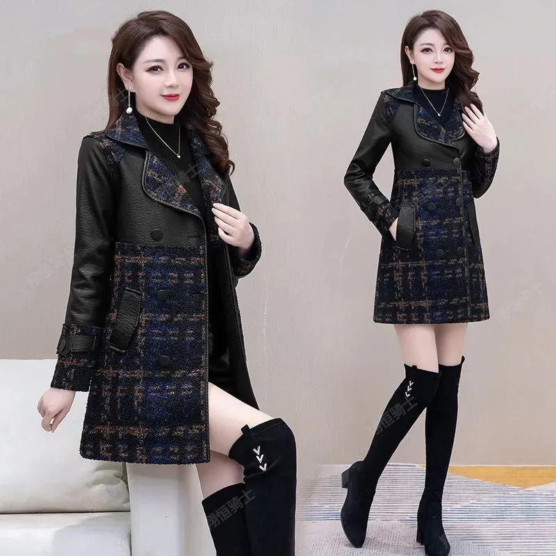 Women Long Plaid Western-Style Coat Fashion 2023 PU Leather Jacket 5XL Outerwear Velvet Outcoat Temperament Trend Top A1238