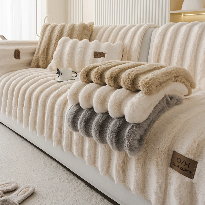 1PC Patchwork Design Faux Rabbit Fur Plush Sofa Cover - Soft, Pet-Friendly Sofa Cover for Seats, Backrests, Armrests, Pillowcases, Suitable for All Living Room and Bedroom Sofa Styles, Machine Washable