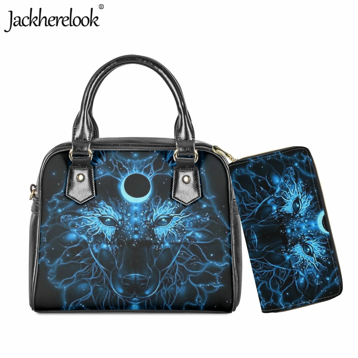 

Jackherelook Women's Classic Messenger Bag 2pcs Fashion New Ferocious Wolf Pattern Print Design Shoulder Bag Long Wallet Handbag