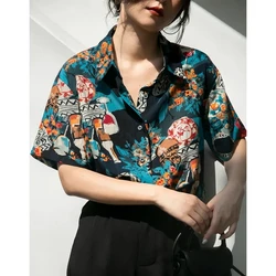 Vintage Short Sleeve T-Shirts Flowers Print Oil Painting Loose Oversize Chiffon Women Blouses 2022 Summer Holiday Beach Chic