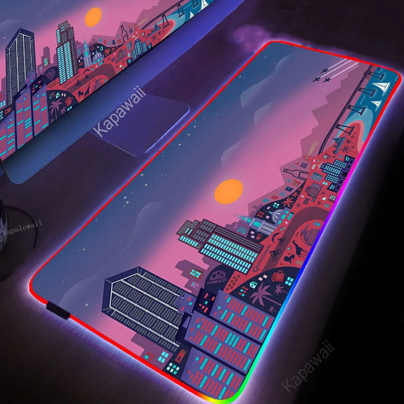 

City Night Neon RGB Mouse Pad Gaming Mousepad Gamer Large Desk Backlit Mats Computer Led Carpet Surface For Mause Ped Xl Deskpad