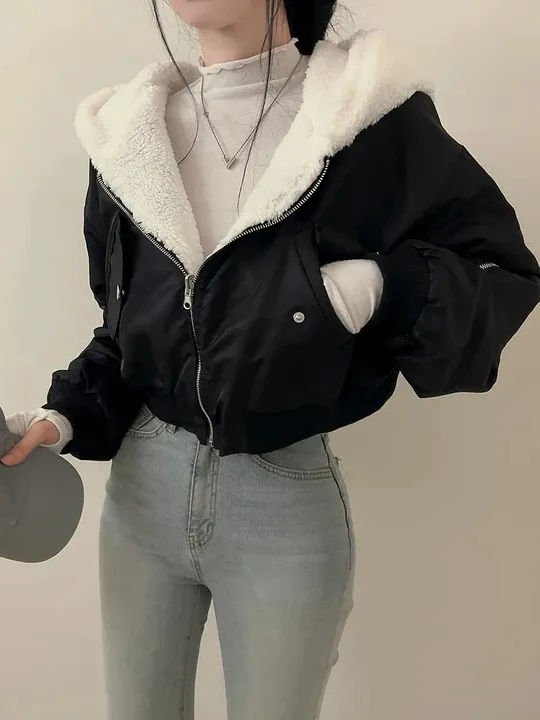 

Korean Style Double-Sided Wear Short Hooded Jacket Women Winter Popular Loose Versatile Thick Plush Long Sleeve Cotton Coat