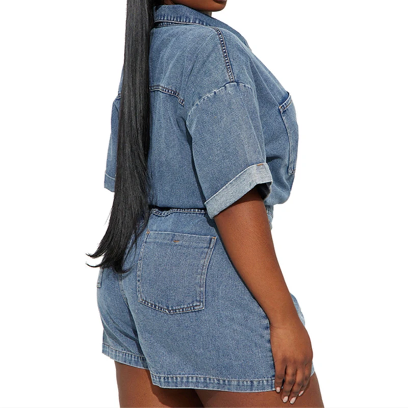 Short Sleeve Turn-down Collar Loose Wide Blue Denim Jumpsuits Women Summer Clothing Playsuits Shorts Casual Sweet Jeans Rompers