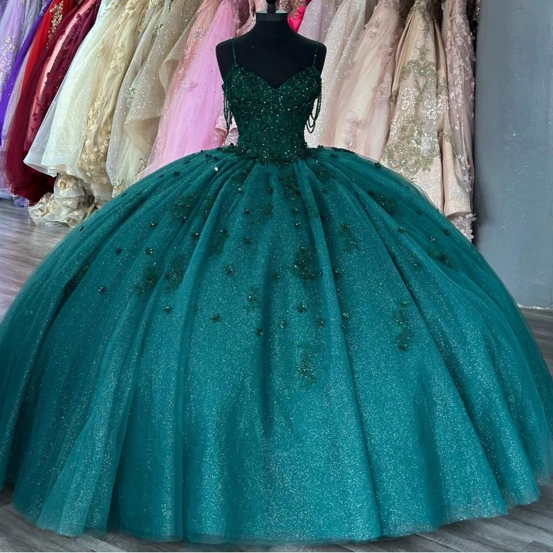 Emerald Green Shiny Sexy Spaghetti Strap Quinceanera Dress Ball Gown Sleeveless 3D Flowers Beading Corset Vestido De 15 Anos