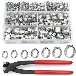 130pcs Hose Clamps Rings 6-23.5mm 304 Stainless Steel Single Ear Stepless Cinch Clamp Ring Tool for Water Pipe Plumbing Car Use