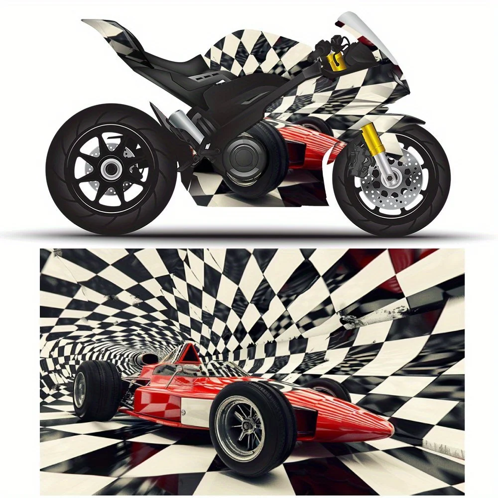 

Racing Cars Speeding Through the Black and White Grid Tunnel Motorcycle Full Wrap Stickers Decorative Motorcycle Race Color Chan