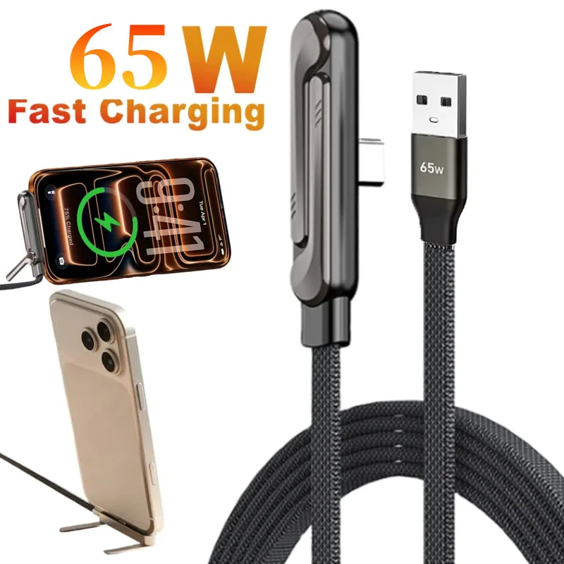 Chargeur de t�l�phone rapide 65W avec support lat�ral int�gr�, cordon de charge avec support de t�l�phone pliable, c�ble USB A-Type-C