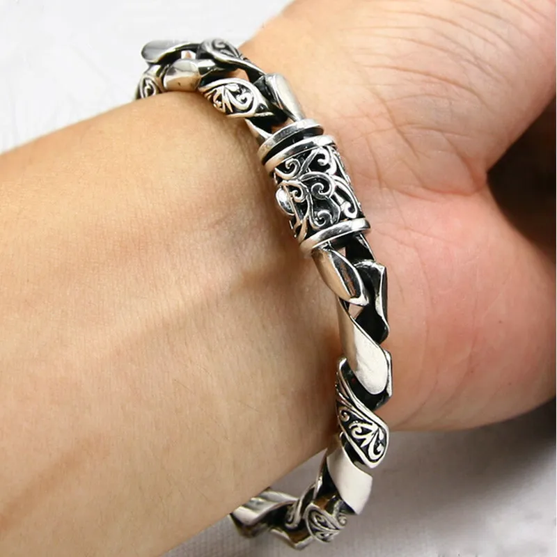 

Real 925 Silver Engraved Vine 8MM Link Chain Men's Bracelet Hiphop Punk Trendy Personalized Bangle Male Gift 19/20/21/22/23.5cm