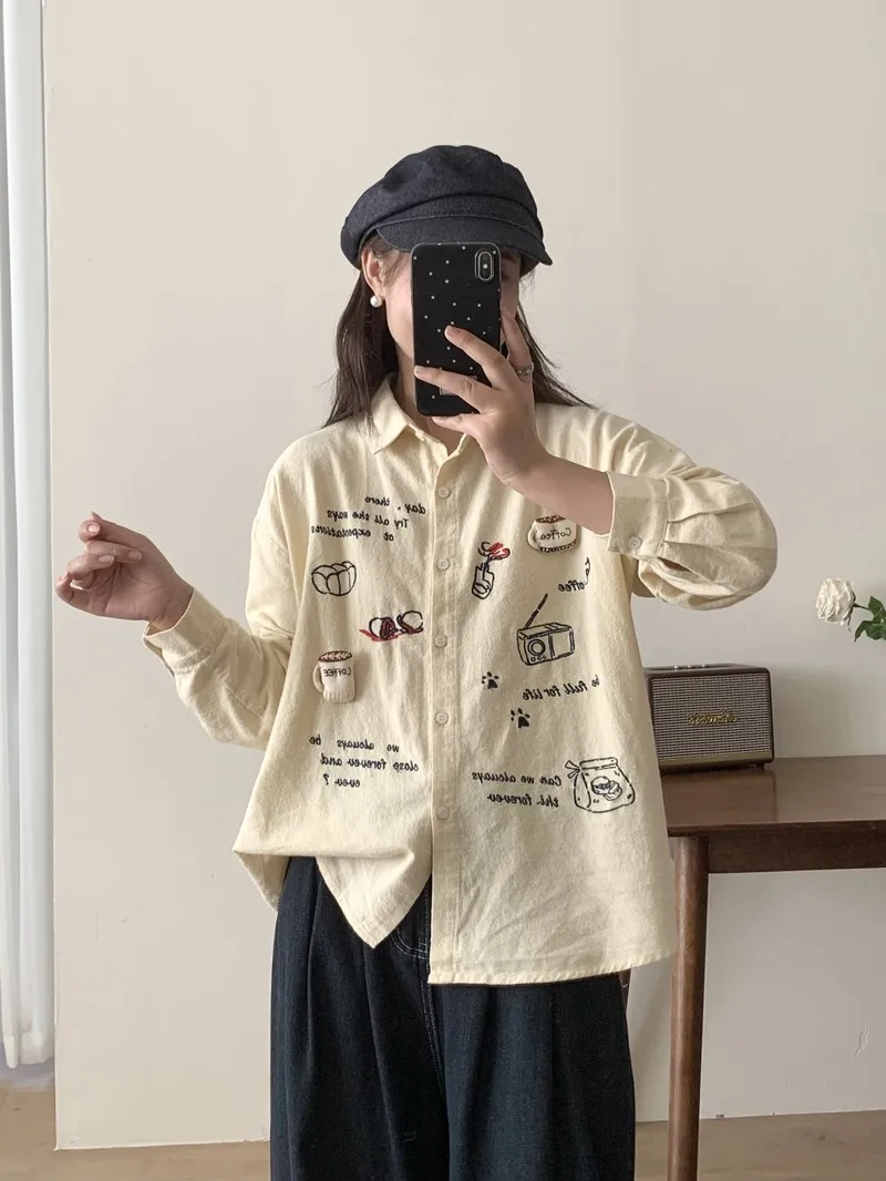 [مخزون جاهز] بلوزة نسائية عالية الجودة 100% من غزل القطن قميص مطرز برسوم كارتونية قمصان فضفاضة ومضحكة وناعمة ومريحة بأكمام طويلة