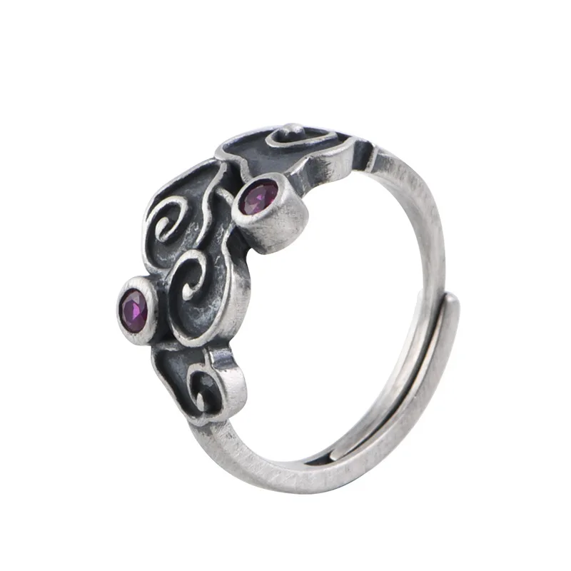 

S925 Silver Vintage Fashion auspicious cloud inlaid synthetic zircon open ring ring female jewelry