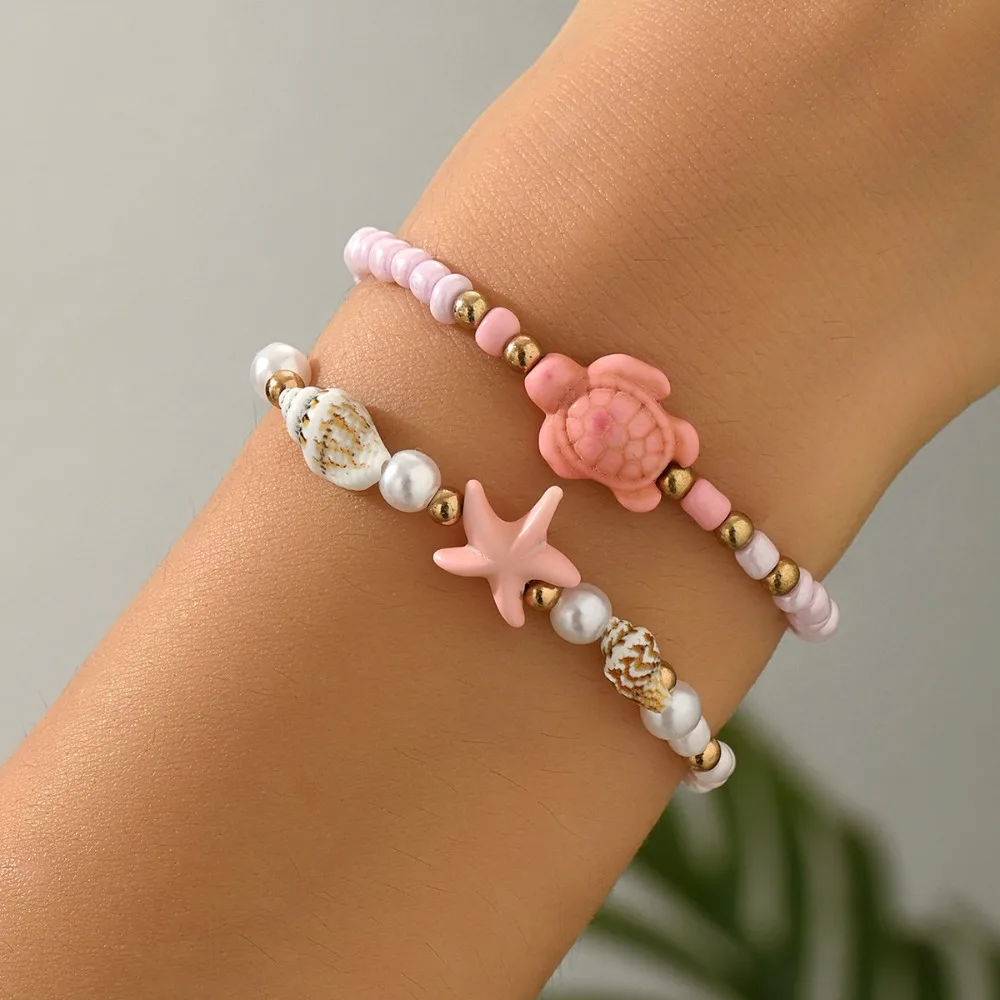 2pcs Set Sweet Cute Pink Mini Seed Beaded Ceramic Turtle Starfish Shell Stretch Bracelets for Women Girl Pool Party Jewelry Sets