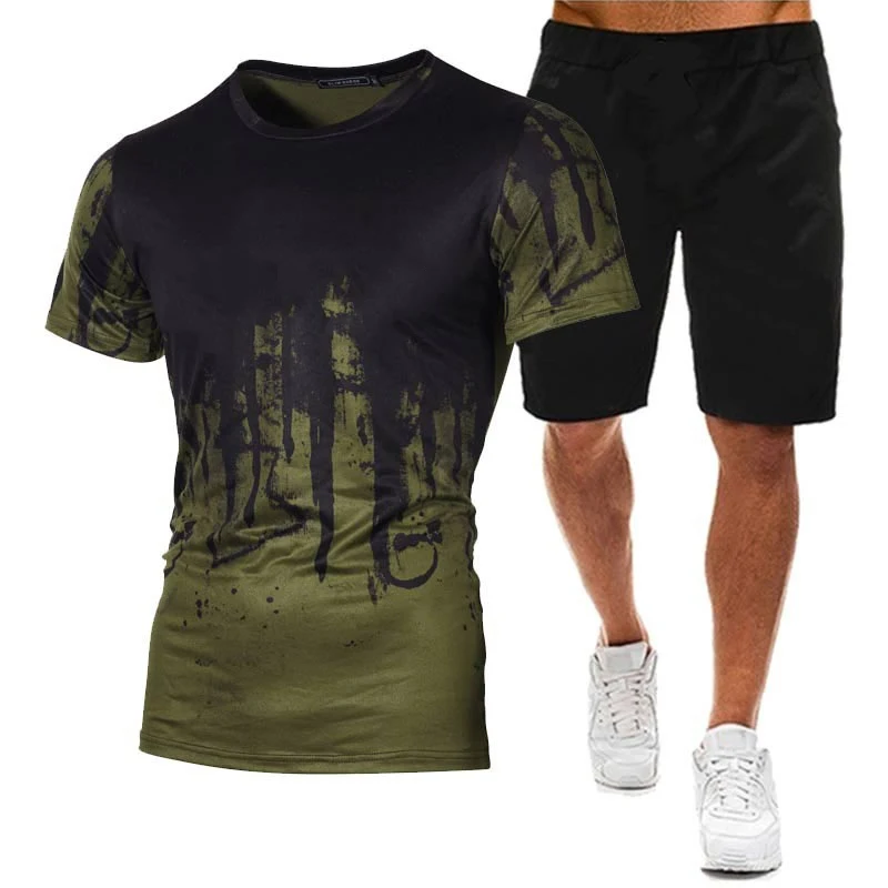 Fashion Summer Men\'s Sports Suit Cotton Print T-shirt Shorts Comfortable Short-sleeved Shorts 5 Colors